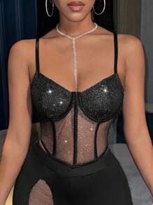 VaVaBold 亮片寬魚網背心上衣 - 黑色 - 查看 1