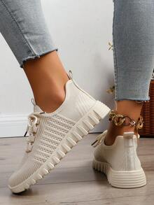 Women's Casual Sports Shoes, Breathable Decorated With Shoelaces, Beige Flat Shoes For Spring And Autumn - Beige - View 4