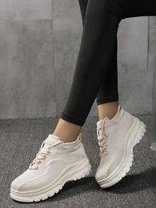 新春季到貨女款休閒運動鞋,具有透氣短襪式鞋面和高彈性eva鞋底,輕巧時尚 - 米色 - 查看 4