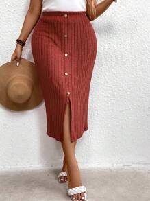 Calvaya 大碼條紋針織前開襟分叉裙 - 紫紅色 - 查看 6