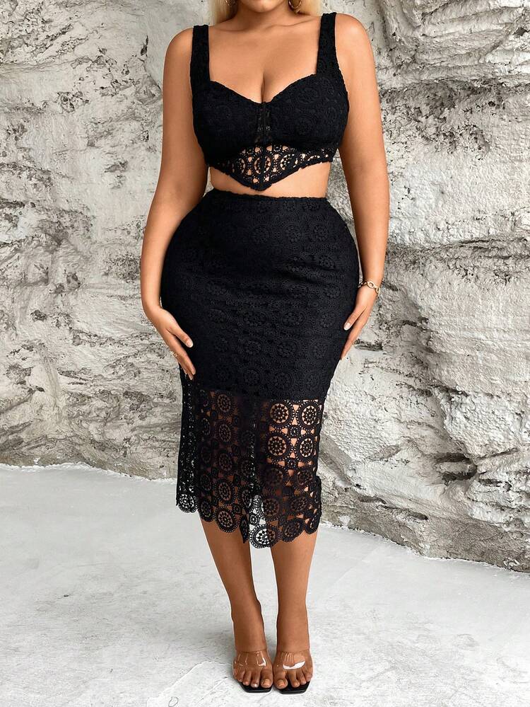 Plus-Size Women'S Lace Asymmetrical Hem Tank Top And Bodycon Skirt Two-Piece Set