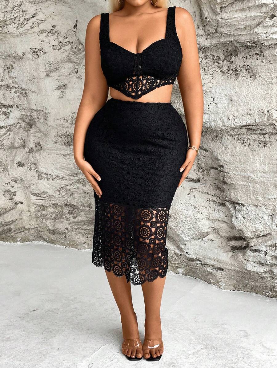 Allurite Bộ áo ba lỗ ren viền bất đối xứng và chân váy bó sát hai mảnh dành cho nữ cỡ lớn - màu đen - Xem 1