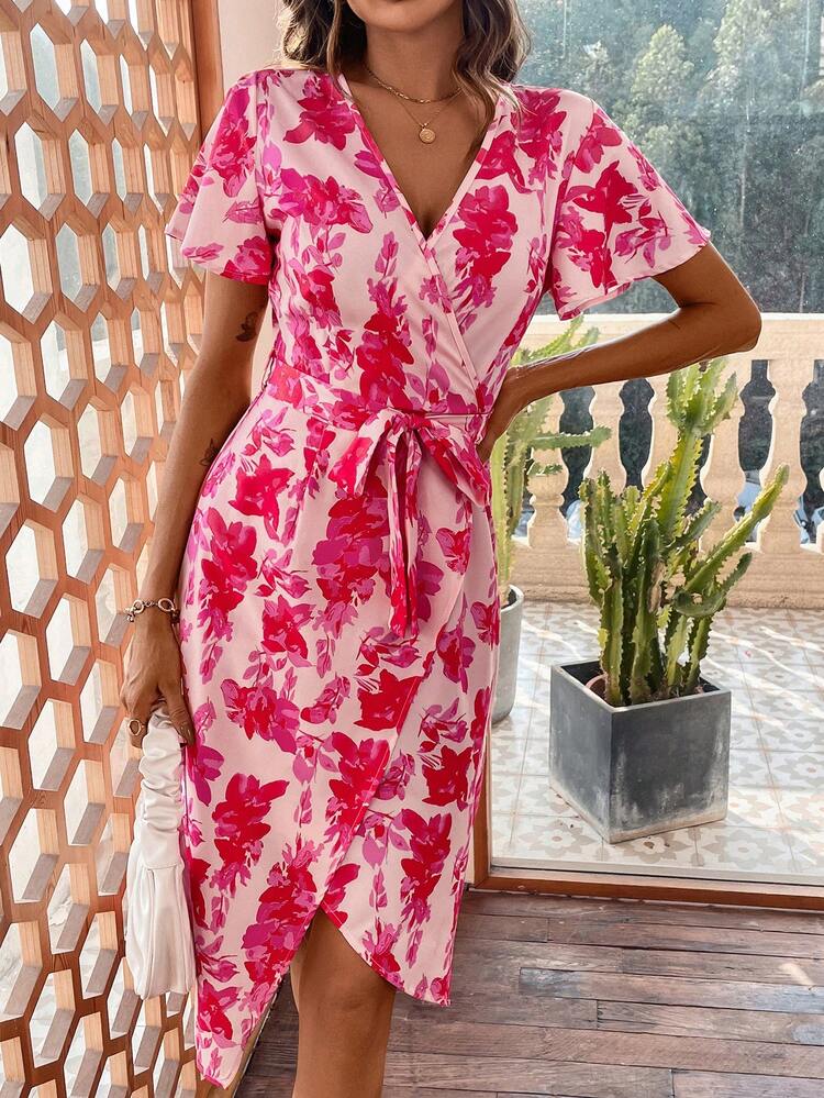 SHEIN Privé Floral Print Flare Sleeve Dress - Pink - View 5