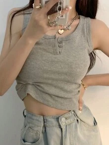 设计灵感独特露脐背心，夏季叠穿无袖韩版休闲吊带衫 - 灰色 - 查看 5