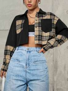 SHEIN EZwear Ladies' Plaid Patchwork Cropped Shirt - Black - View 3