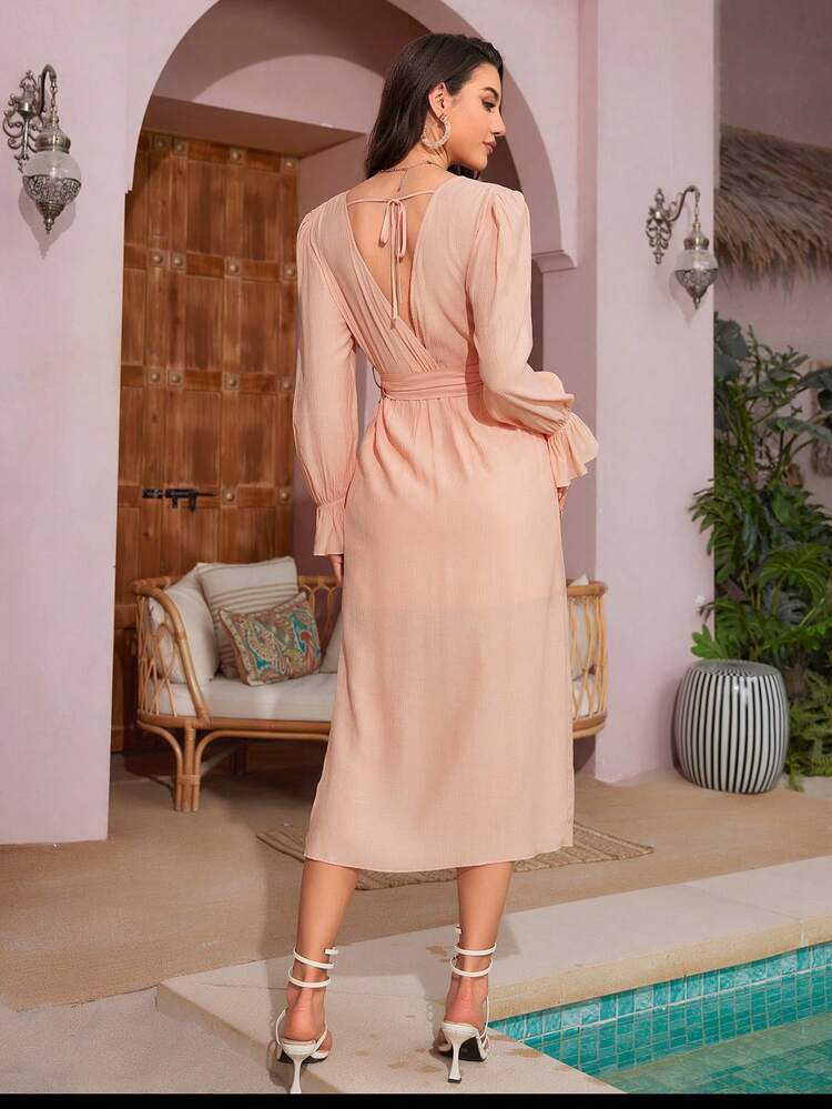 Women'S Ruffle Long Sleeve V-Neck Dress Fall Cloth For Women