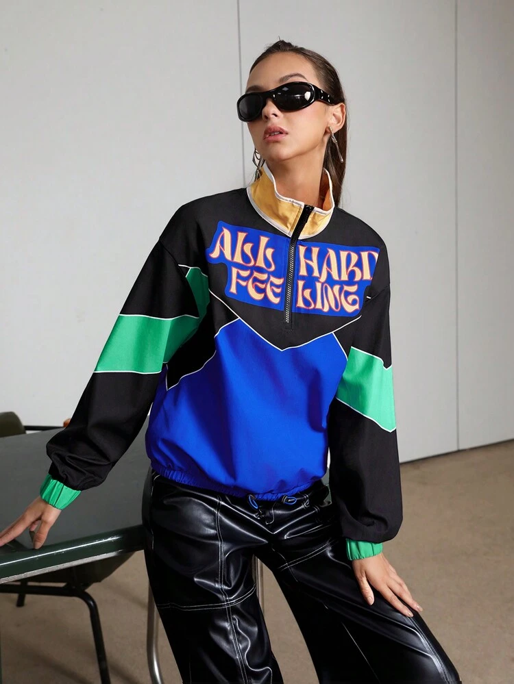 Women'S Half-Zip Color Block Jacket With Letter Print And Zipper Design