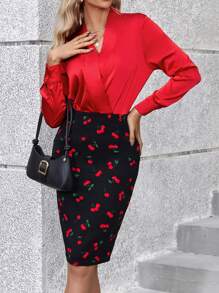 SHEIN Clasi Spring Festival Women's Cherry Printed Patchwork Wrap Neck Two Piece Set - Multicolor - View 4