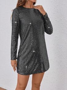 SHEIN Clasi Women's Long Sleeve Sequined Dress - Black - View 3