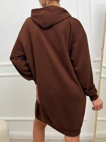 Cottnline Letter Graphic Kangaroo Pocket Drop Shoulder Drawstring Hoodie - Chocolate Brown - View 2