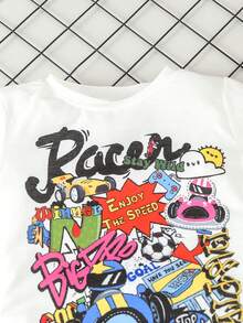 嬰兒男孩街風款字母有趣印花短袖t恤和短褲套裝,適用於春夏季 - 白色 - 查看 6