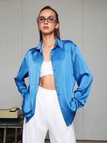 SHEINNeu Của phụ nữ Màu thuần Thả vai Tay áo Áo sơ mi - Màu xanh lam - Xem 3