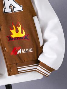 男孩拼色字母印花條紋邊緣紐帶前夾克 - 棕色 - 查看 4