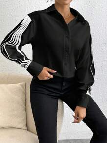 SHEIN Privé 女性彩塊邊長袖襯衫 - 黑色 - 查看 1