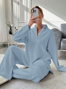 EURMUSE Women's Half-Zip Pullover Sweater And Knitted Pants Set With Zip Fly - Baby Blue - View 5