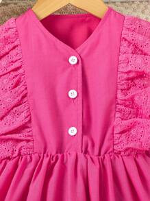 SHEIN Toddler Girls' Casual Fashionable Sweet Perforated Embroidery Peplum Shirt Dress - Pink - View 4