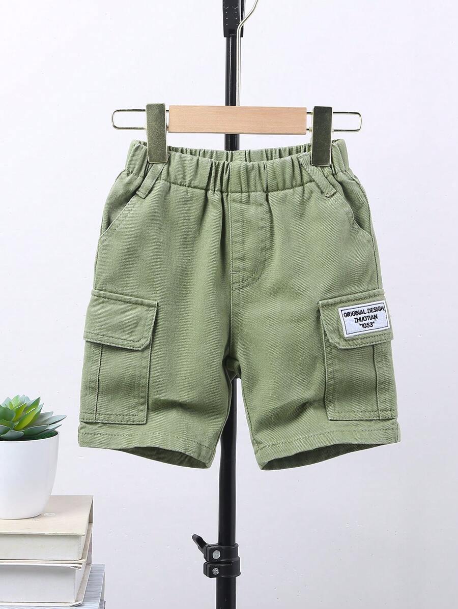 SHEIN Joven Niño Básico Bordado Decoración Cintura Elástica Cómodo Y Suave Pantalones Cortos De Mezclilla Verde - Verde - Ver 1