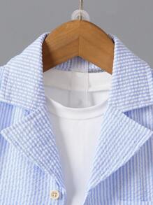 SHEIN Mùa hè Bong bóng Textured Sọc Ngắn tay Áo sơ mi Với Mặt trước Nút Và Túi Đồ trang trí - Màu xanh nhạt - Xem 4