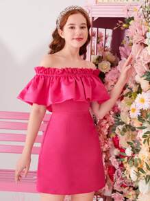 SHEIN Teenage Girls' Solid Color Woven Off Shoulder Casual Dress - Hot Pink - View 5