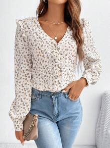 SHEIN Frenchy Cottagecore V領花卉印花上衣,肩部襱邊妖精裝夏季上衣情人節上衣 - 棕色 - 查看 1