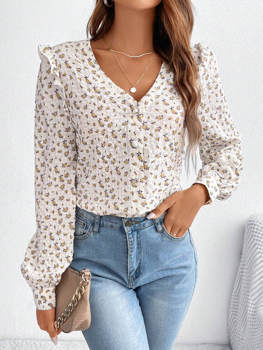 SHEIN Frenchy Cottagecore V領花卉印花上衣,肩部襱邊妖精裝夏季上衣情人節上衣 - 棕色 - 查看 1