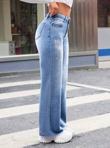 SHEIN ICON Women'S Butterfly Embroidered Denim Jeans - Medium Wash - View 1