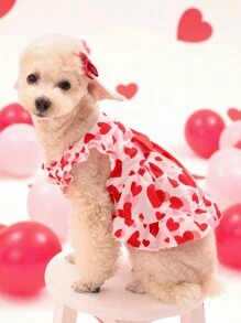 PETSIN 情人節1件粉色愛心和紅色蝴蝶結設計的可愛寵物短袖印花連衣裙（適用於貓狗） - 彩色 - 查看 3