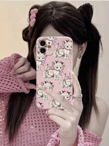 NKTN Sweet Three-Tailed Cat Painting Pink Phone Case Protective Cover Compatible With Iphone 12 13 14 Series - Multicolor - View 1