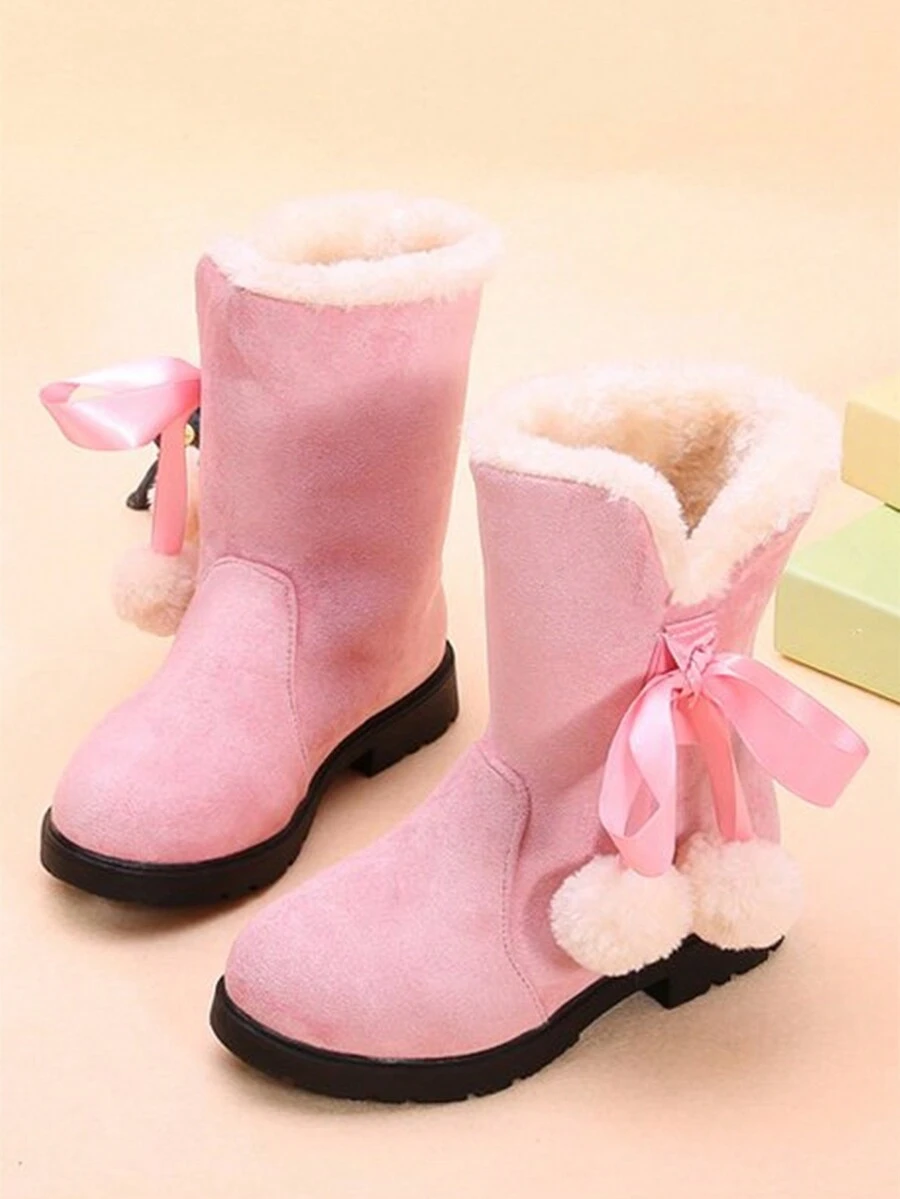 Girls' High/ Mid-Calf Boots With Pom Pom Decor, Kids' Winter Shoes - Black - View 1