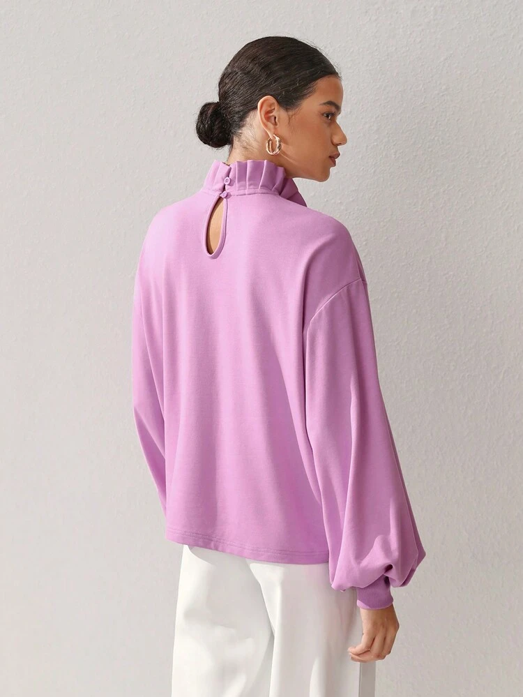 Designer Women's Stand Collar Drop Shoulder Long Sleeve Sweatshirt With Frill Hemline, For Holiday, Vacation, Spring, Festival, Workout, Ibiza Fits