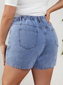 SHEIN Privé Plus High Waist Denim Shorts - Light Wash - View 2