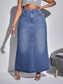 Plus Size Washed Denim A-Line Skirt, Vacation Style, No Stretch, All-Match