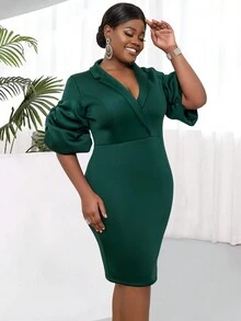 Plus Lapel Neck Puff Sleeve Bodycon Dress - Dark Green - View 4