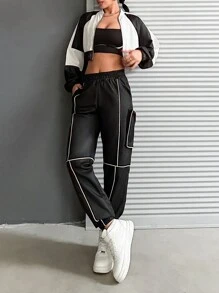 EURMUSE Contrast Zipper Baseball Collar Top And Contrast Edge Sports Pants 2pcs/Set - Black and White - View 4