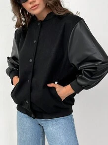 EURMUSE Women's Baseball Collar Patchwork Fabric Jacket - Black - View 3