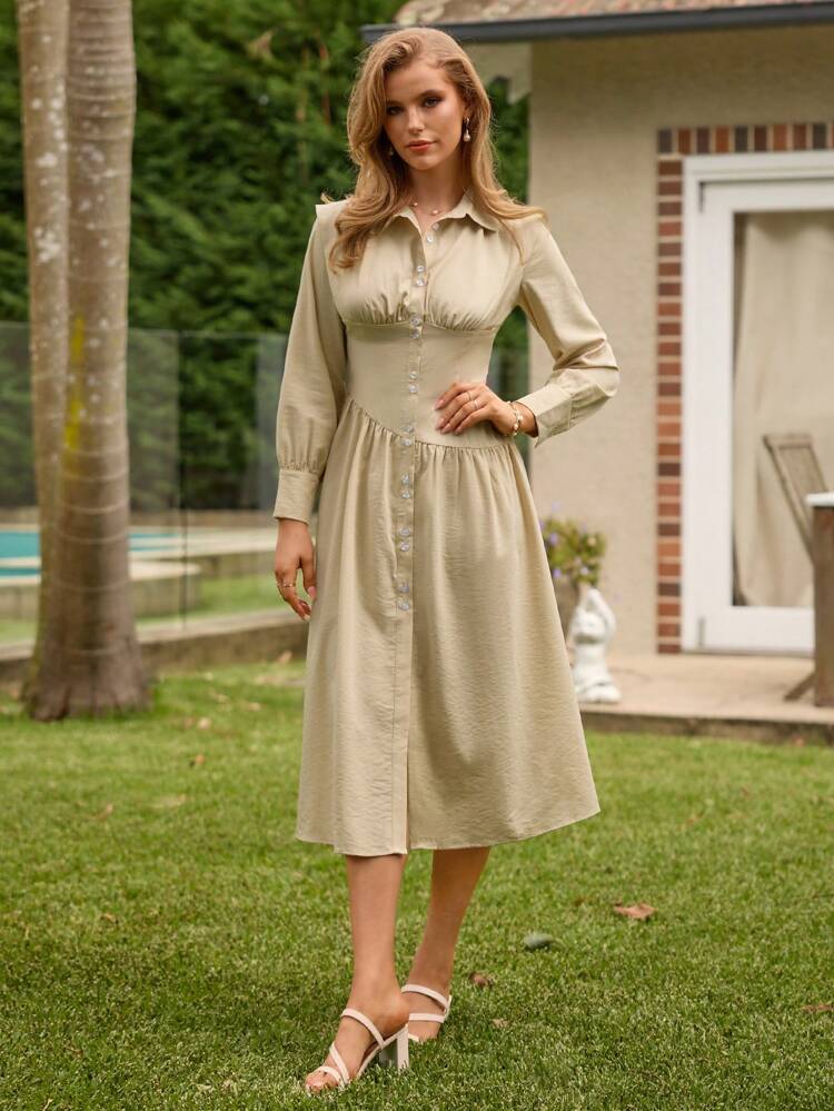 Button Closure Cinching Waist Long Sleeve Dress
