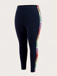 SHEIN EZwear Plus Size Leopard Patchwork Leggings - Navy Blue - View 4