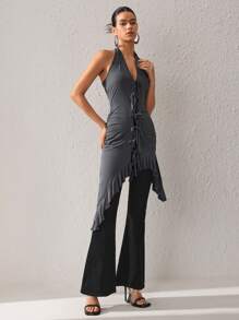 THEA Designer Women's Front Tie Asymmetrical Ruffle Hem Halter Top, For Summer, Holiday, Going Out, Festival - Grey - View 1