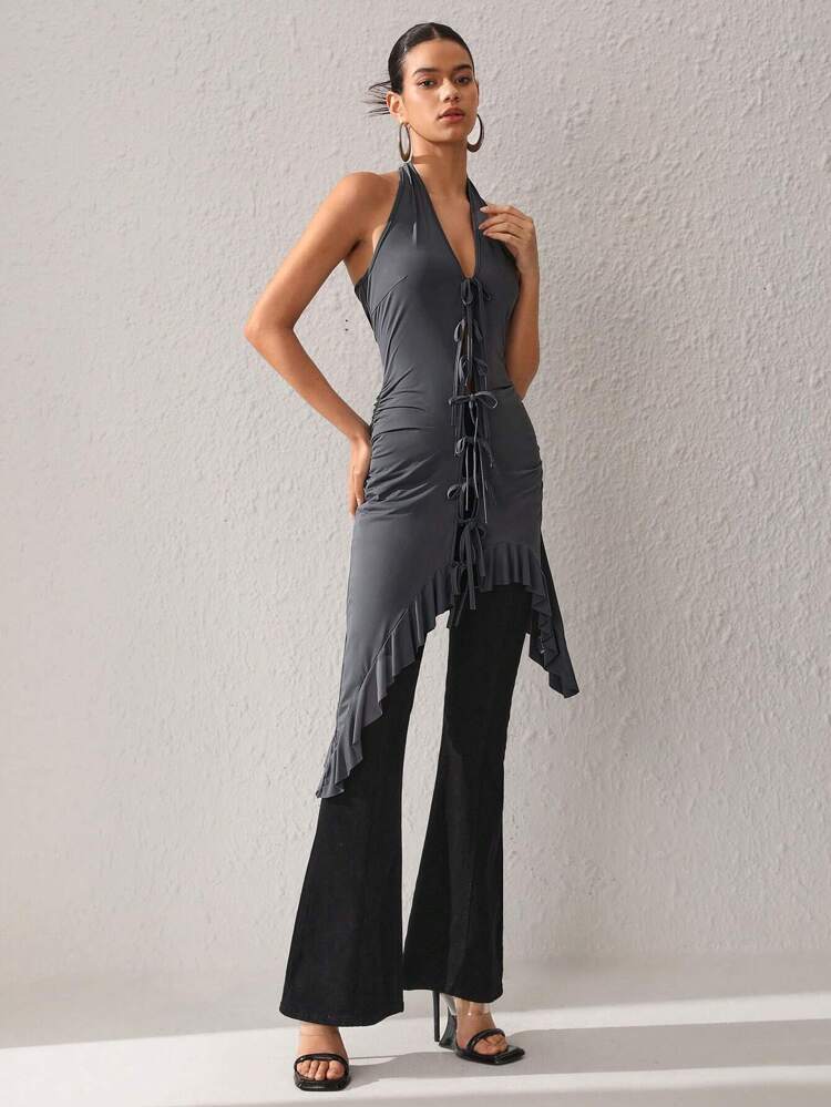 Designer Women's Front Tie Asymmetrical Ruffle Hem Halter Top, For Summer, Holiday, Going Out, Festival