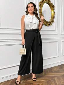 SHEIN Privé Solid Color Front Wrap Tie-Waist Wide Leg Pants, Mountain Inspired - Black - View 1