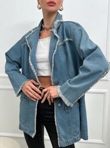 RueChic Women'S Lapel Collar Long Sleeve Denim Jacket