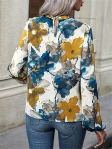 女士花卉印花灯笼袖优雅衬衫，长袖秋季 - 白色 - 查看 2