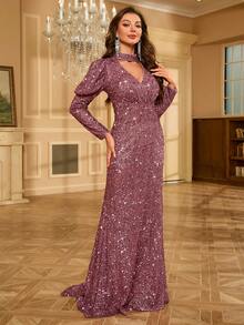 Women's Glamorous Gigot Sleeve Hollow-Out Sequin Mermaid Dress - Dusty Pink - View 5