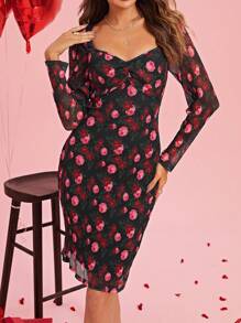 Ellevyn Sweetheart Neckline Floral Mesh Overlay Dress - Multicolor - View 3
