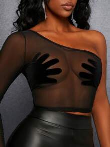 Slaydiva Hand-Printed Mesh See-Through Oblique Shoulder Strap Top - Black - View 1