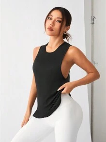 SHEIN Yoga Sxy Top De Espalda Abierta Atlética De Color Sólido - Negro - Ver 4