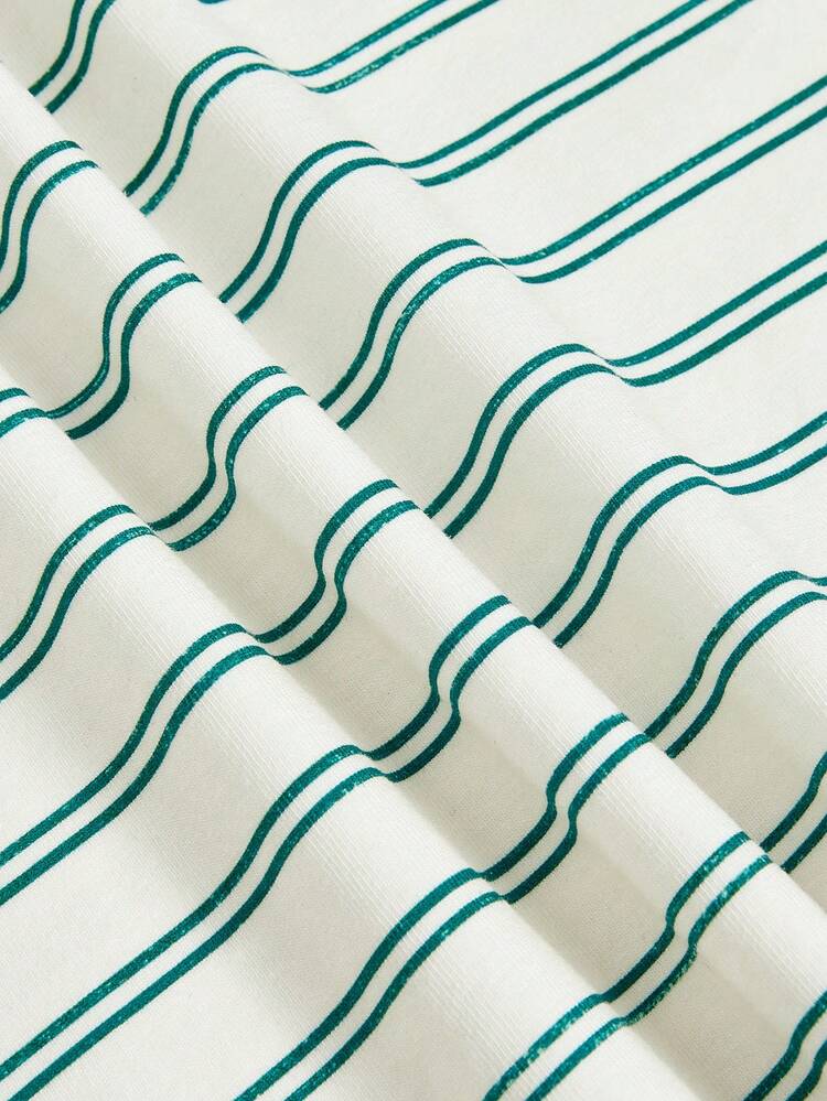 2pcs/Set Infant Boys' Car Print Striped Tee With Round Neck And Regular Sleeves