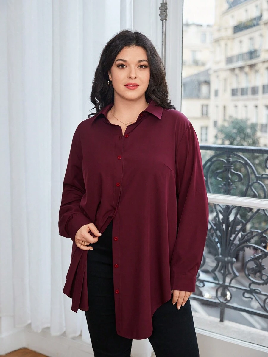 SHEIN Essnce Hơn Chất rắn Nút phía trước Áo sơ mi - Màu Đỏ Sâu - Xem 1