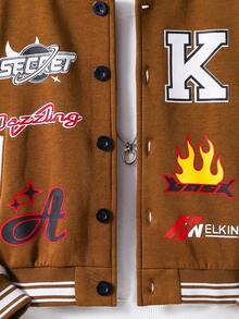 男孩拼色字母印花條紋邊緣紐帶前夾克 - 棕色 - 查看 3