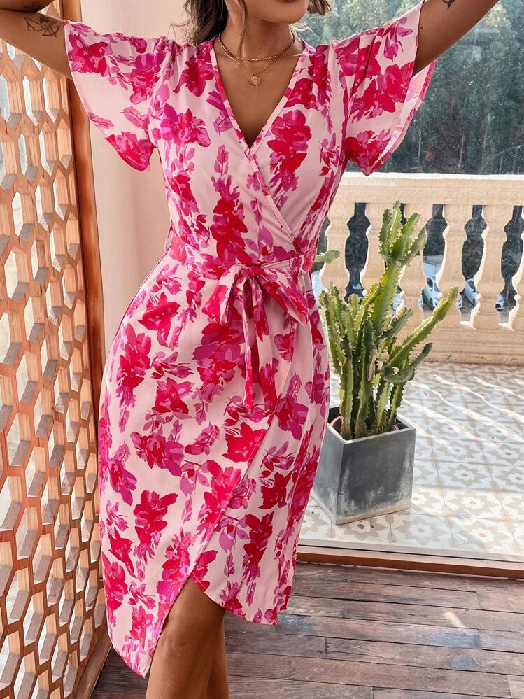 SHEIN Privé Floral Print Flare Sleeve Dress - Pink - View 1